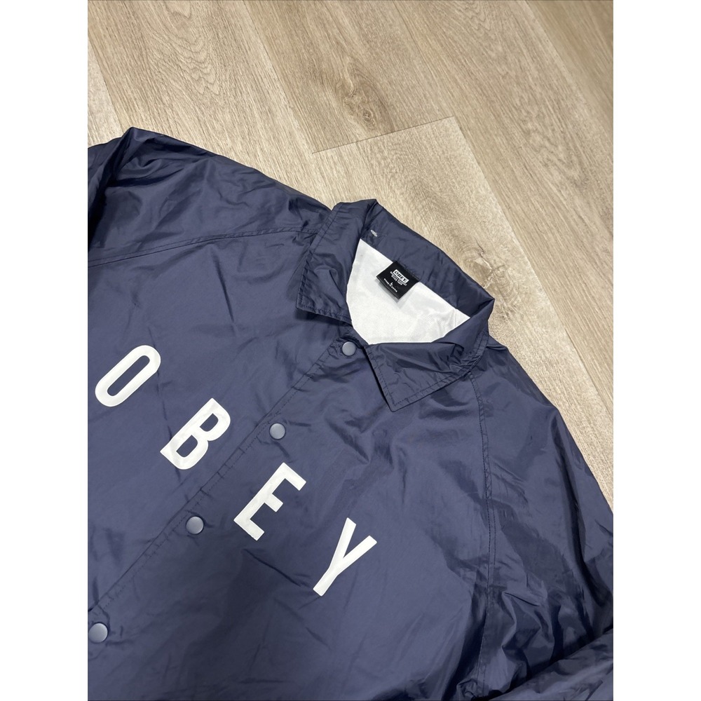 OBEY Men's Navy Coach Jacket Snap-Button Front Size L w/ Pockets Chest Logo